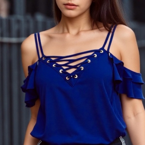 Express flowy chiffon lace up cold shoulder flutter sleeve top ❤️ - Picture 1 of 7